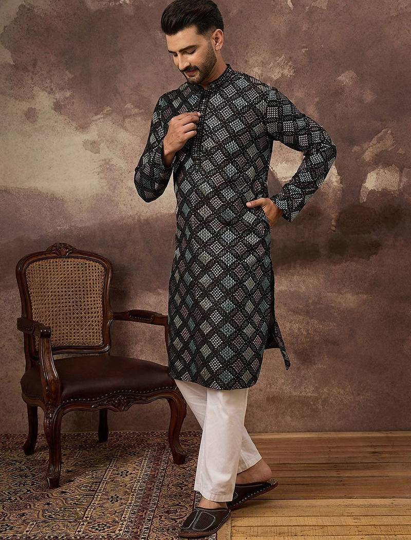 Men black silk blend solid embroidered straight kurta with pant set