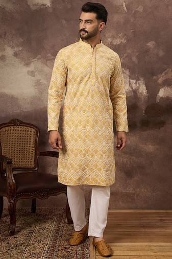 Men yellow viscose rayon solid embroidered straight kurta with trouser