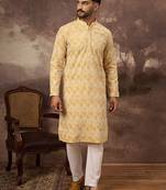 Men yellow viscose rayon solid embroidered straight kurta with trouser