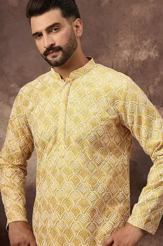 Men yellow viscose rayon solid embroidered straight kurta with trouser