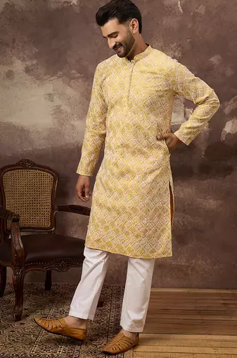 Men yellow viscose rayon solid embroidered straight kurta with trouser