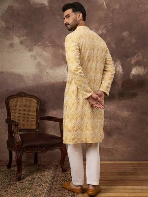 Men yellow viscose rayon solid embroidered straight kurta with trouser 4
