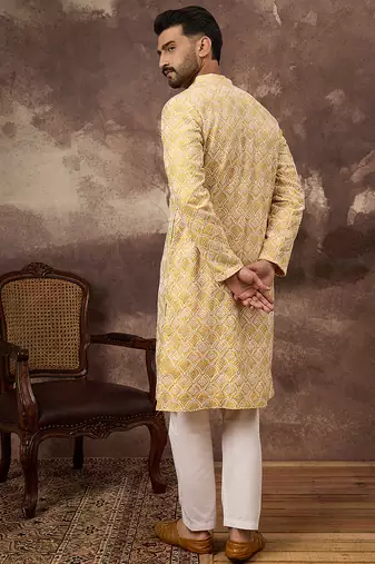 Men yellow viscose rayon solid embroidered straight kurta with trouser