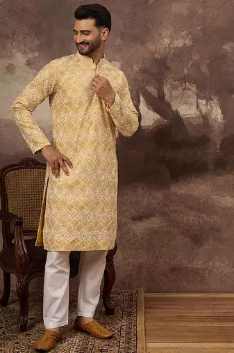 Men yellow viscose rayon solid embroidered straight kurta with trouser