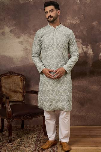 Men green viscose rayon solid embroidered straight kurta with trouser