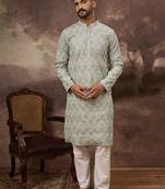 Men green viscose rayon solid embroidered straight kurta with trouser