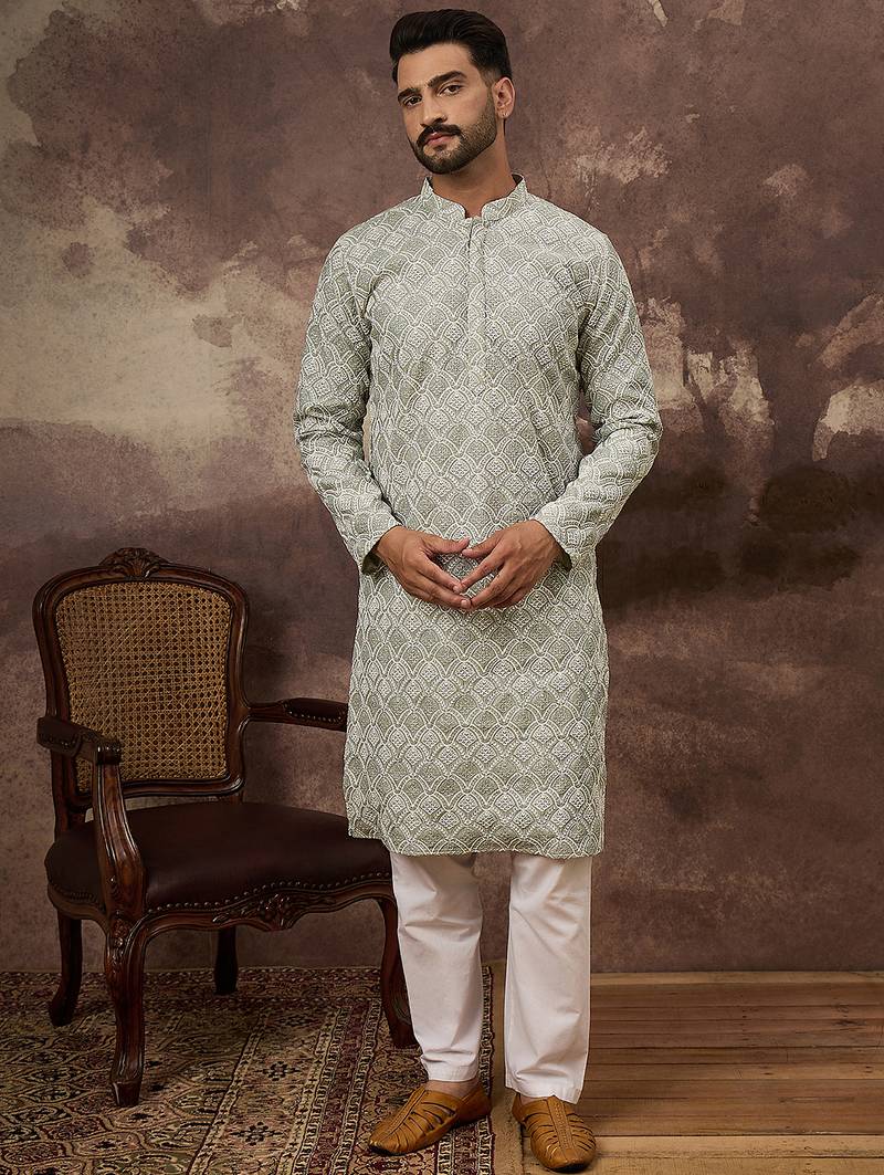 Men green viscose rayon solid embroidered straight kurta with trouser
