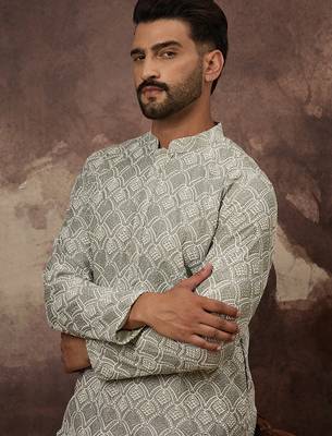Men green viscose rayon solid embroidered straight kurta with trouser 2