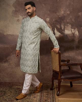 Men green viscose rayon solid embroidered straight kurta with trouser 5