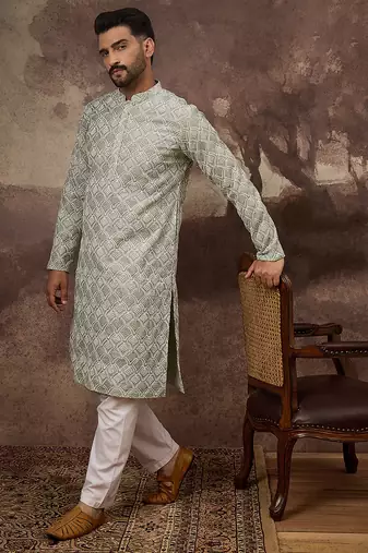 Men green viscose rayon solid embroidered straight kurta with trouser