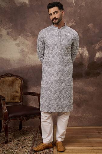 Men lavender viscose rayon solid embroidered straight kurta with trouser