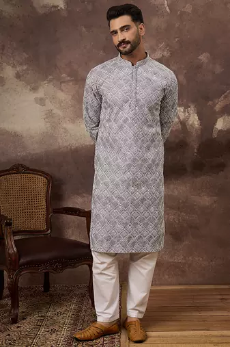 Men lavender viscose rayon solid embroidered straight kurta with trouser