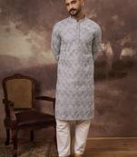 Men lavender viscose rayon solid embroidered straight kurta with trouser