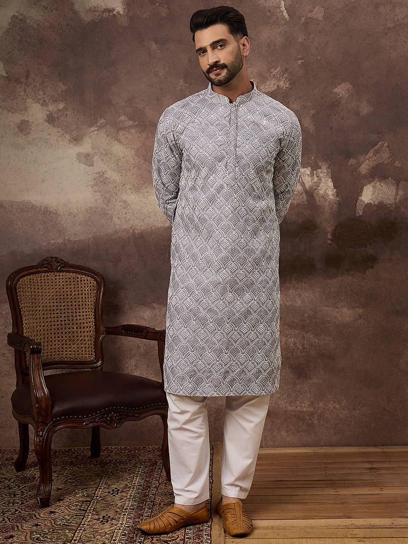 Men lavender viscose rayon solid embroidered straight kurta with trouser