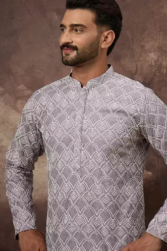 Men lavender viscose rayon solid embroidered straight kurta with trouser