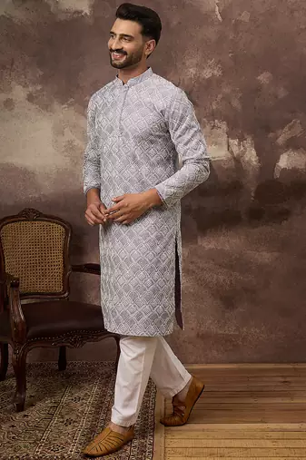 Men lavender viscose rayon solid embroidered straight kurta with trouser