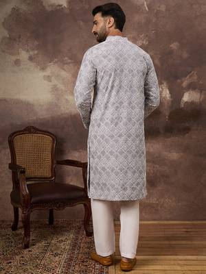 Men lavender viscose rayon solid embroidered straight kurta with trouser 4