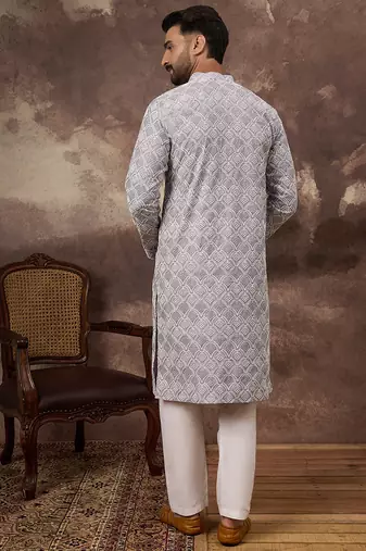 Men lavender viscose rayon solid embroidered straight kurta with trouser