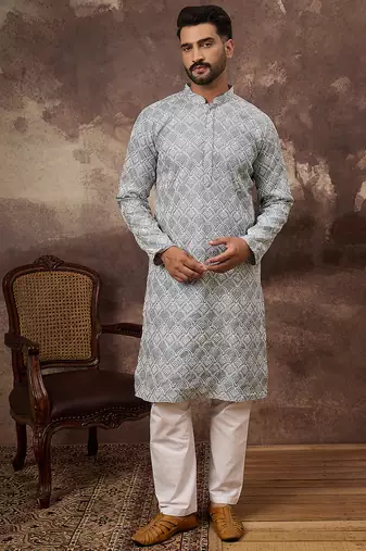 Men blue viscose rayon solid embroidered straight kurta with trouser