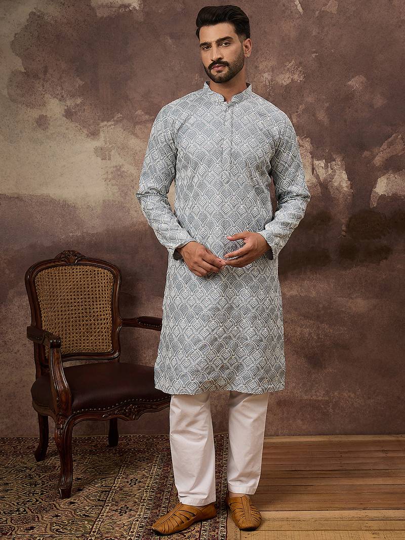 Men blue viscose rayon solid embroidered straight kurta with trouser