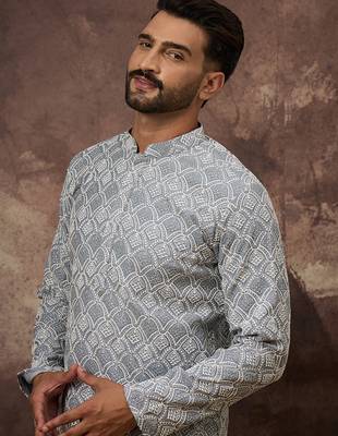 Men blue viscose rayon solid embroidered straight kurta with trouser 2