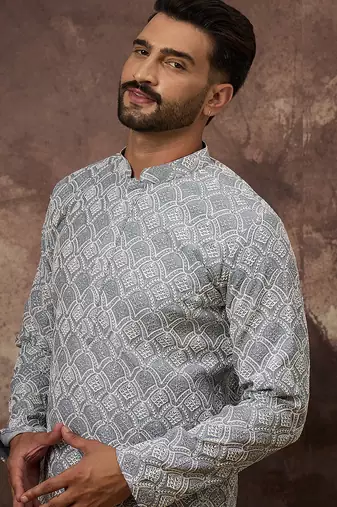 Men blue viscose rayon solid embroidered straight kurta with trouser