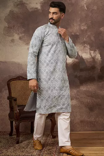 Men blue viscose rayon solid embroidered straight kurta with trouser