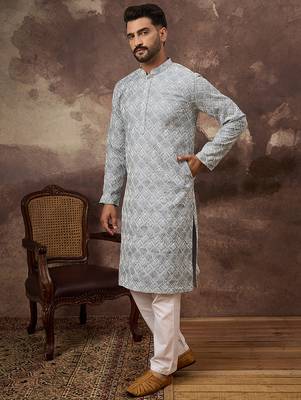 Men blue viscose rayon solid embroidered straight kurta with trouser 4