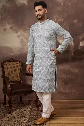Men blue viscose rayon solid embroidered straight kurta with trouser