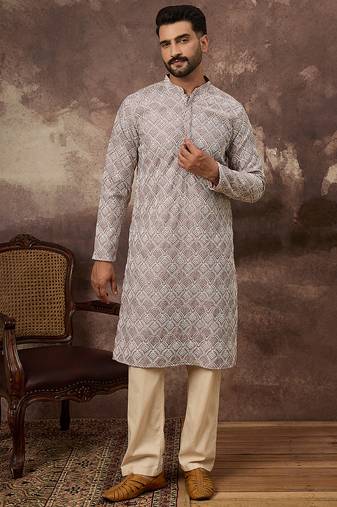 Men mauve viscose rayon solid embroidered straight kurta with trouser