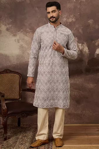 Men mauve viscose rayon solid embroidered straight kurta with trouser