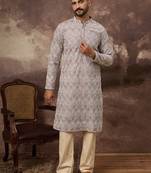 Men mauve viscose rayon solid embroidered straight kurta with trouser