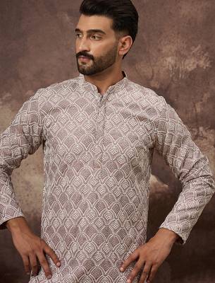 Men mauve viscose rayon solid embroidered straight kurta with trouser 2
