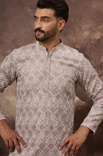 Men mauve viscose rayon solid embroidered straight kurta with trouser