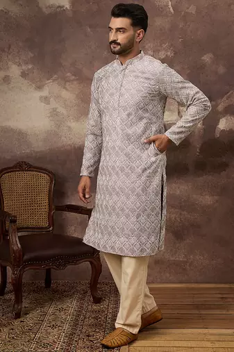 Men mauve viscose rayon solid embroidered straight kurta with trouser