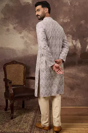 Men mauve viscose rayon solid embroidered straight kurta with trouser