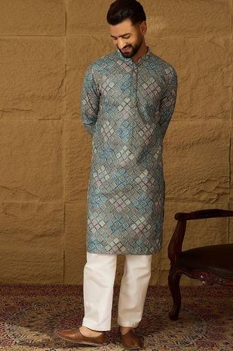 Men blue viscose rayon solid embroidered straight kurta with pant set