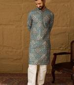 Men blue viscose rayon solid embroidered straight kurta with pant set