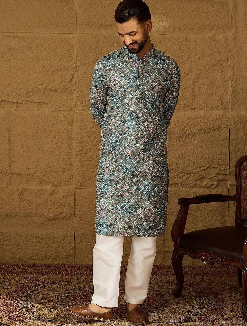 Men blue viscose rayon solid embroidered straight kurta with pant set