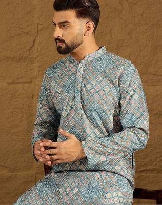 Men blue viscose rayon solid embroidered straight kurta with pant set 2