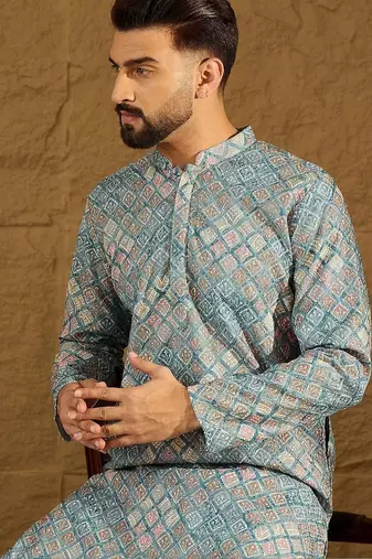 Men blue viscose rayon solid embroidered straight kurta with pant set
