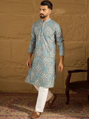 Men blue viscose rayon solid embroidered straight kurta with pant set 3