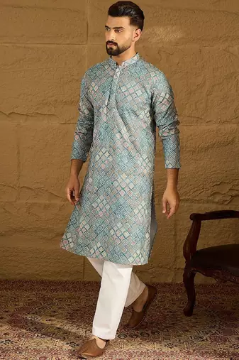 Men blue viscose rayon solid embroidered straight kurta with pant set