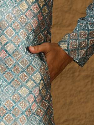 Men blue viscose rayon solid embroidered straight kurta with pant set 4