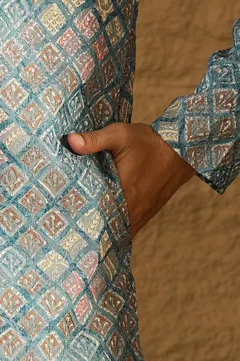 Men blue viscose rayon solid embroidered straight kurta with pant set