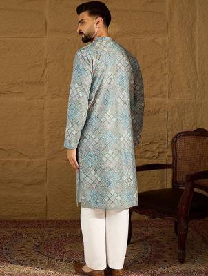Men blue viscose rayon solid embroidered straight kurta with pant set 5