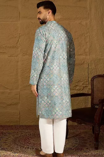 Men blue viscose rayon solid embroidered straight kurta with pant set