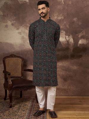 Men black viscose rayon bandhani embroidered straight kurta with pant set 2