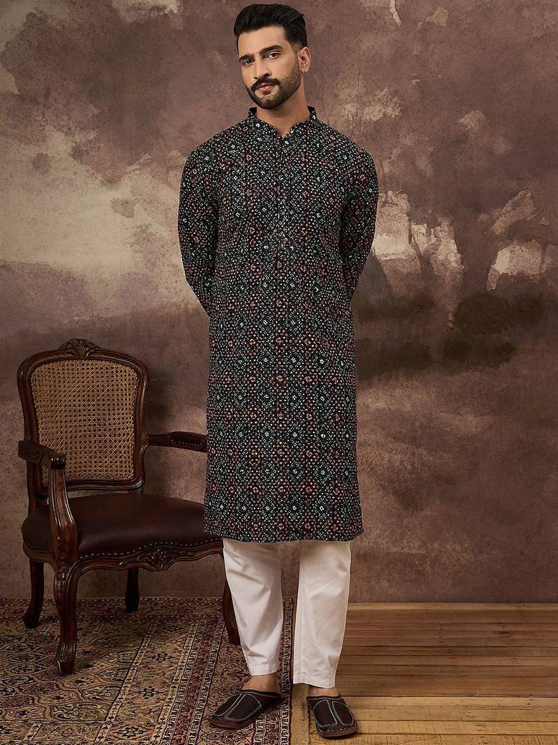 Men black viscose rayon bandhani embroidered straight kurta with pant set