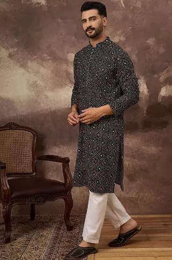 Men black viscose rayon bandhani embroidered straight kurta with pant set
